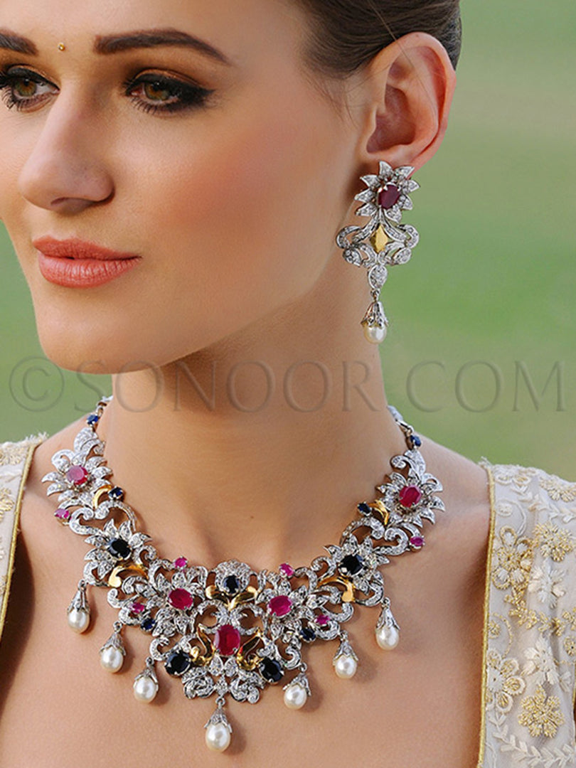 Aurvi CZ Pearl Handcrafted Necklace Set