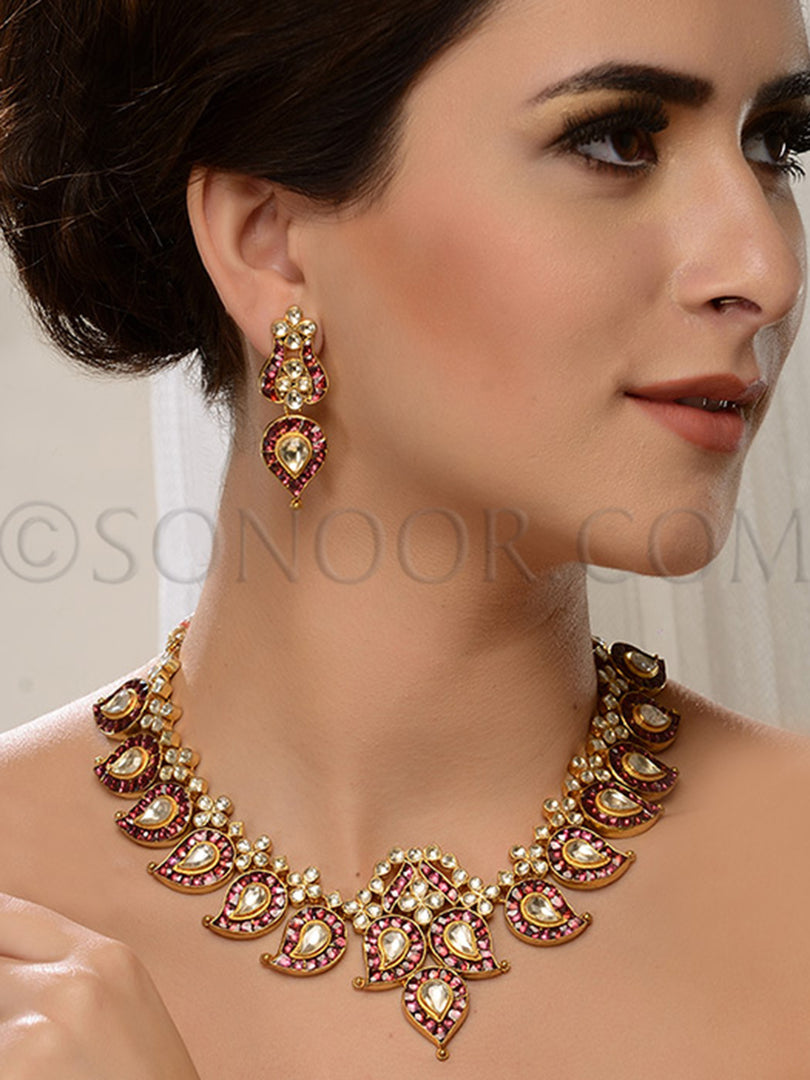 Pramila Antique Gold Finish Kundan Necklace Set