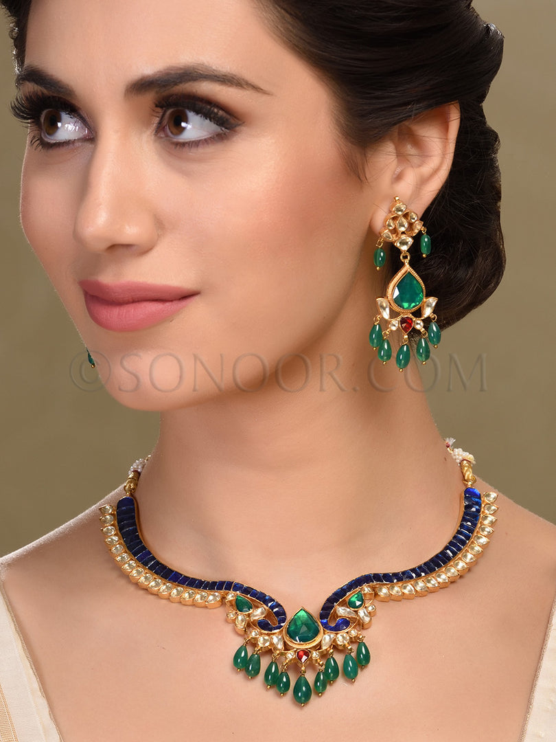 Nabah Green & Blue Handcrafted Necklace set