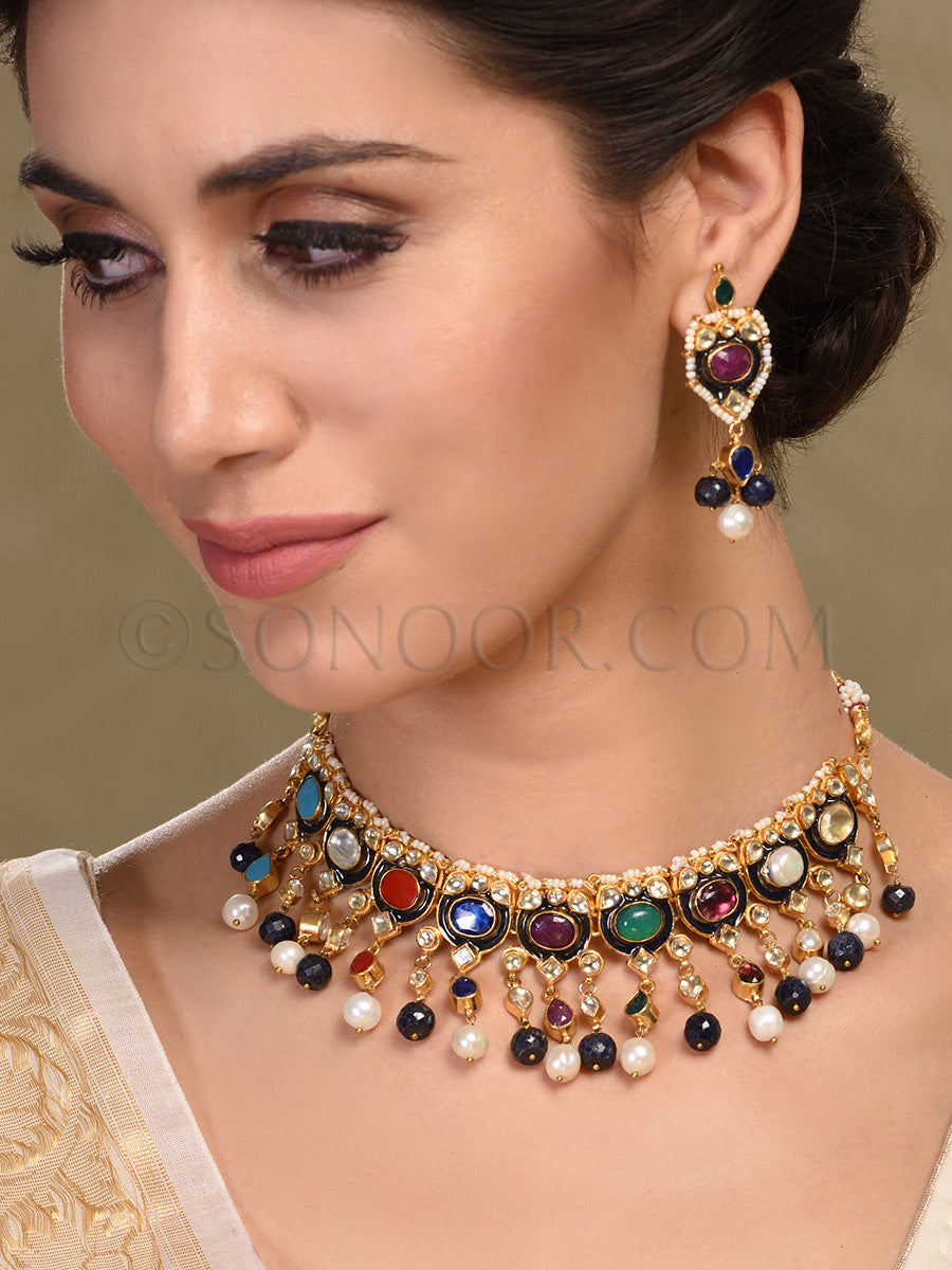 Buy Nyra Antique Navratan Choker Necklace Set With Earrings Online Sonoor