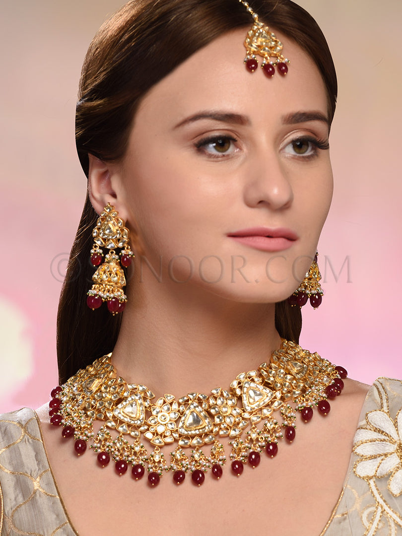 Aanchal Gold Plated Red Drop Necklace Set
