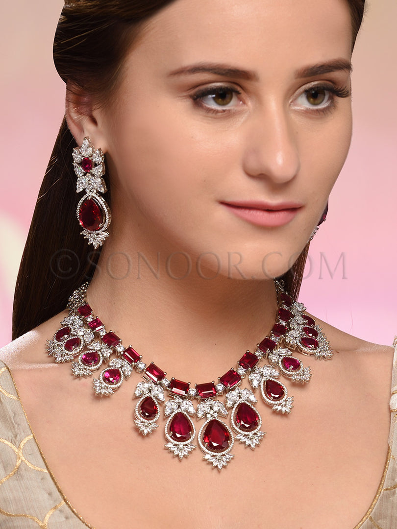 Goura Silver Finish Red CZ Necklace Set