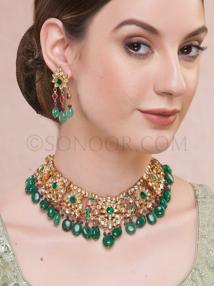 Yamya Jadau Green Drop Necklace Set