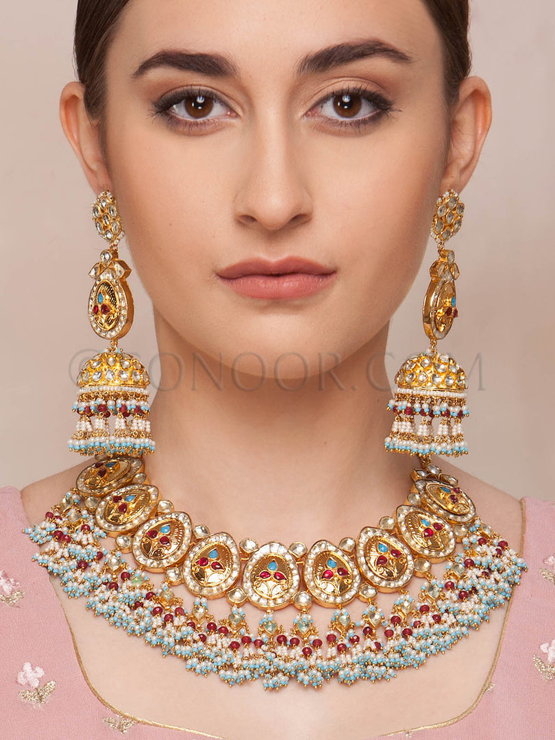 Navya Gold Plated Blue Red Stone Necklace Set
