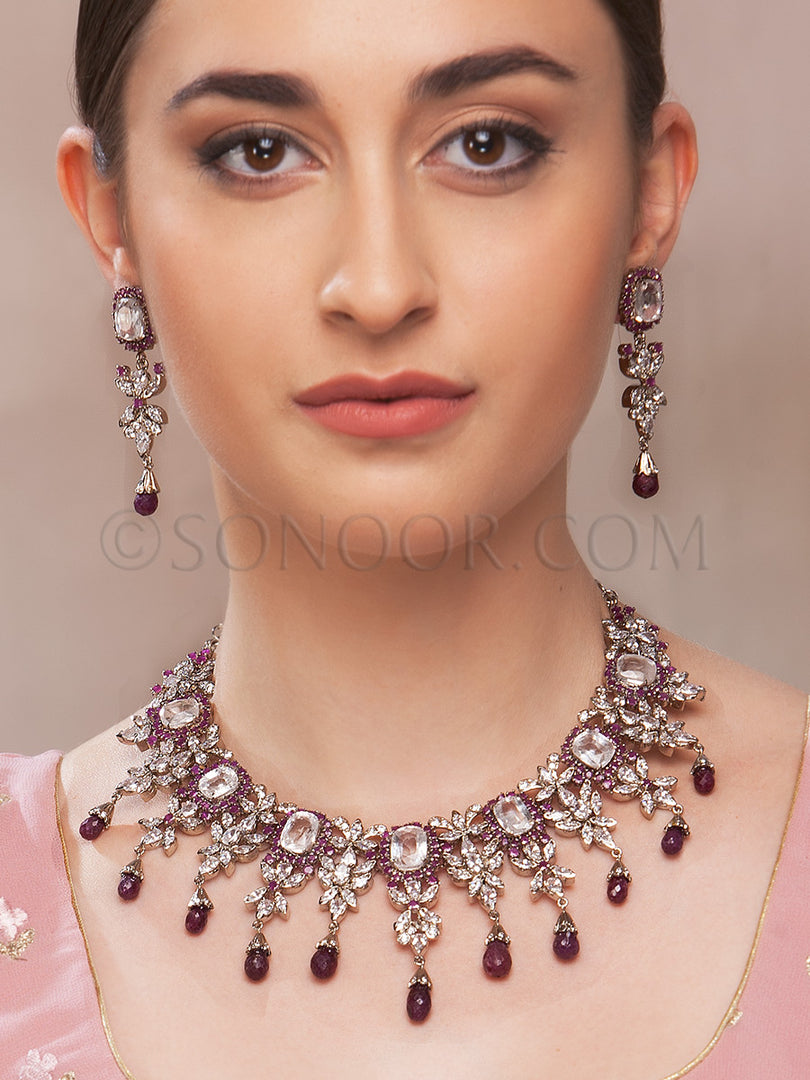 Aryahi Silver Finish White Stone Necklace Set