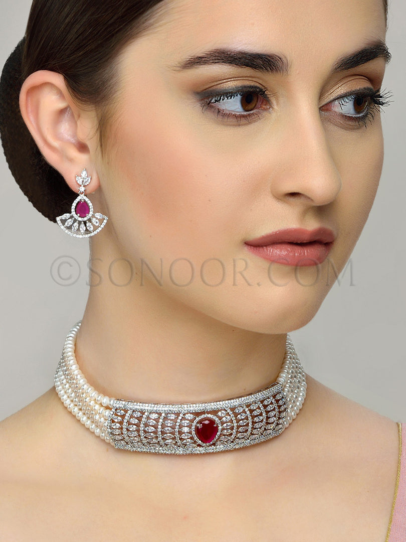 Kartar Zircon Pearl String Choker Set