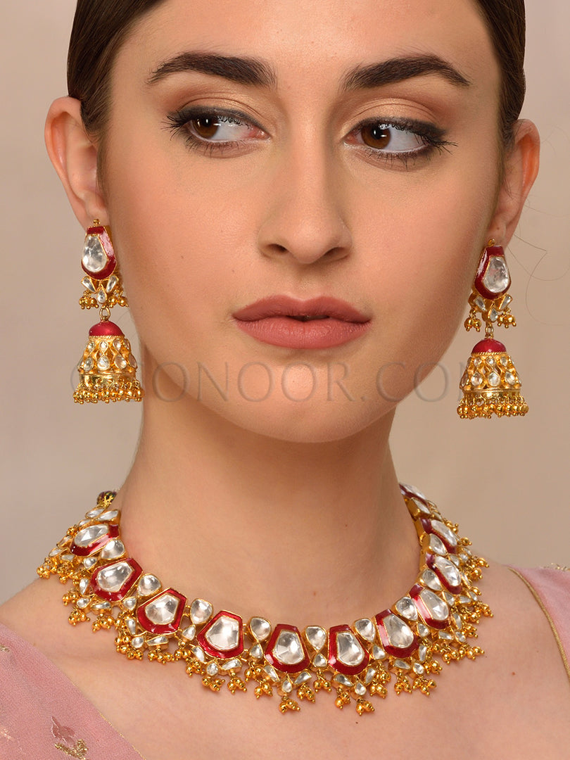 Virkni Kundan Red Meena Kari Necklace