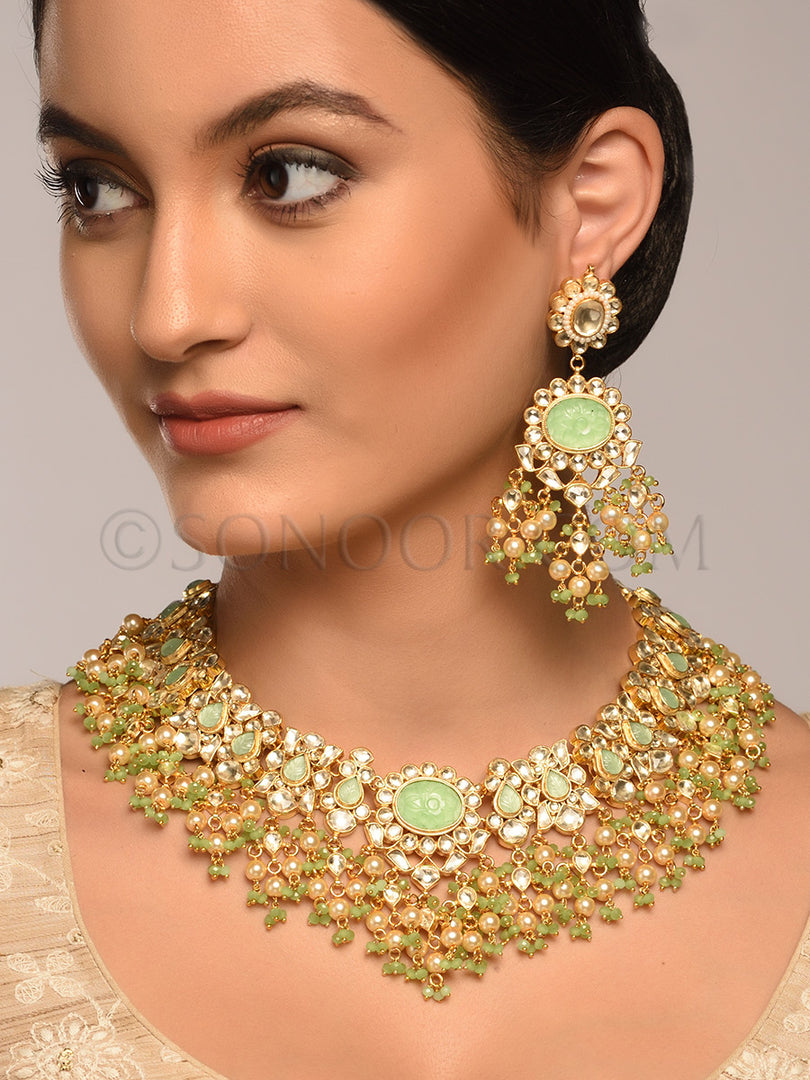 Madrika Kundan Green Stone Necklace Set