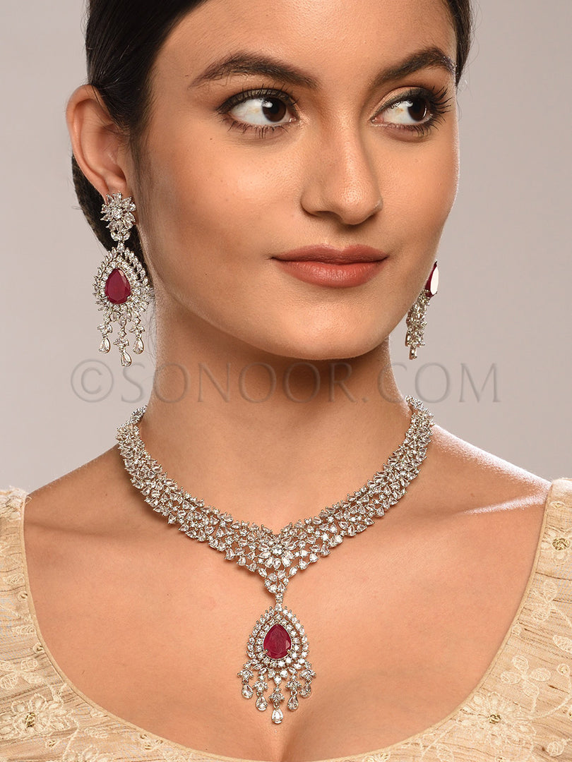 Darshana Silver Finish Zircon Necklace Set