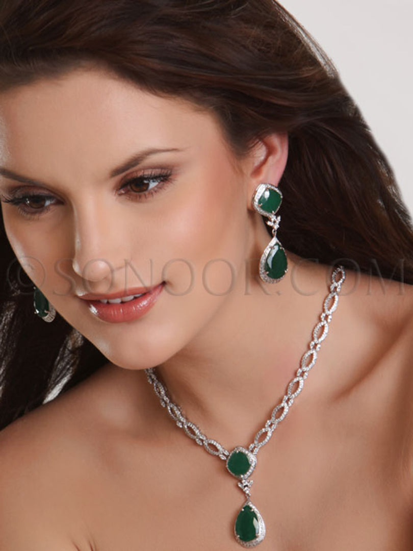 Pranavi CZ Green Jade Pendant Set