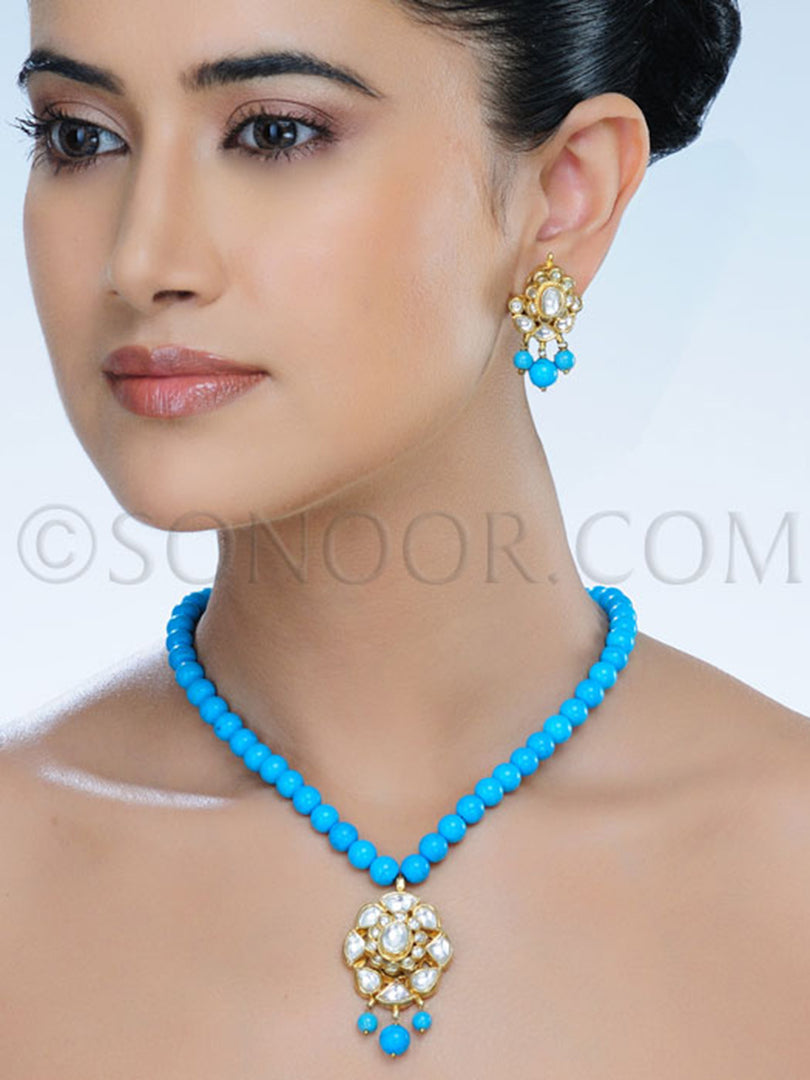 Pakvika Kundan Turquoise Beads String Pendant Set