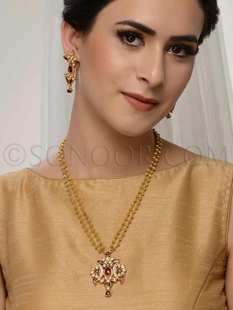 Shyla Kundan Gold Bead String Pendant Set