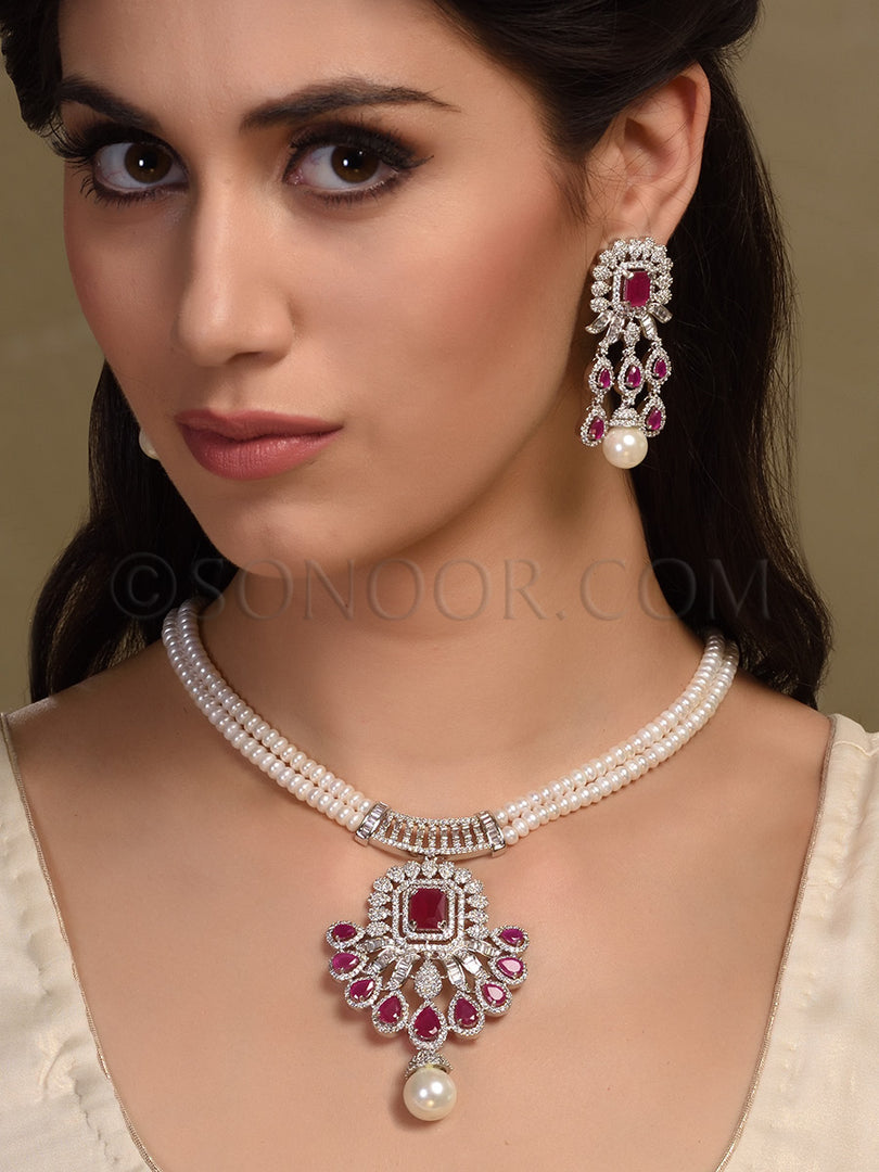 Lavita American Diamond Pearl String Pendant set