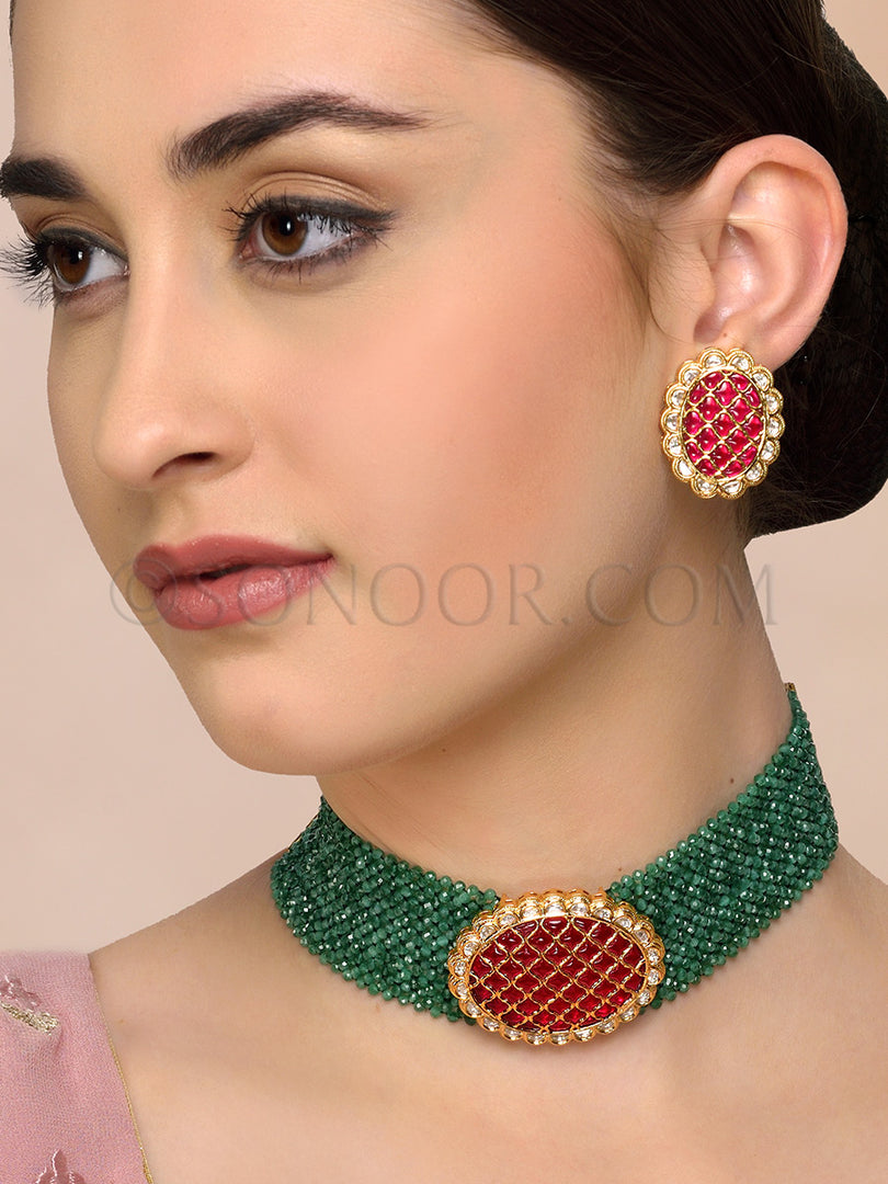 Nishta Red Green Jade Choker Pendant Set Sonoor Nishta Red Green Jade Choker Pendant Set Sonoor
